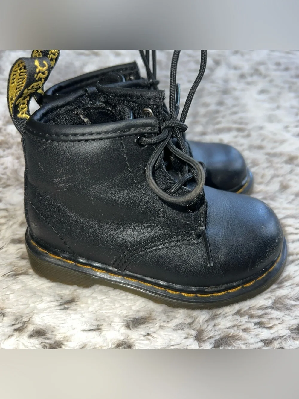 Dr. Martens Kids Black Leather Lace-Up Boots with Yellow Stitching